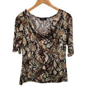 Verve Ami Womens Snakeskin Green Brown Black 3/4 Sleeve Blouse Draped Neck Sz L‎